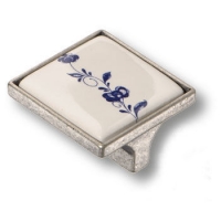 15.326.32.PO01.16 Ручка кнопка керамика с металлом, синий цветочный орнамент античное серебро 32 мм