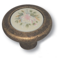 9851-831 Ручка кнопка керамика с цветочным орнаментом, старая бронза