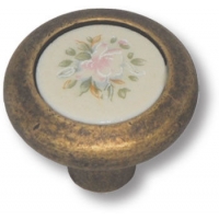 9852-831 Ручка кнопка керамика с цветочным орнаментом, старая бронза